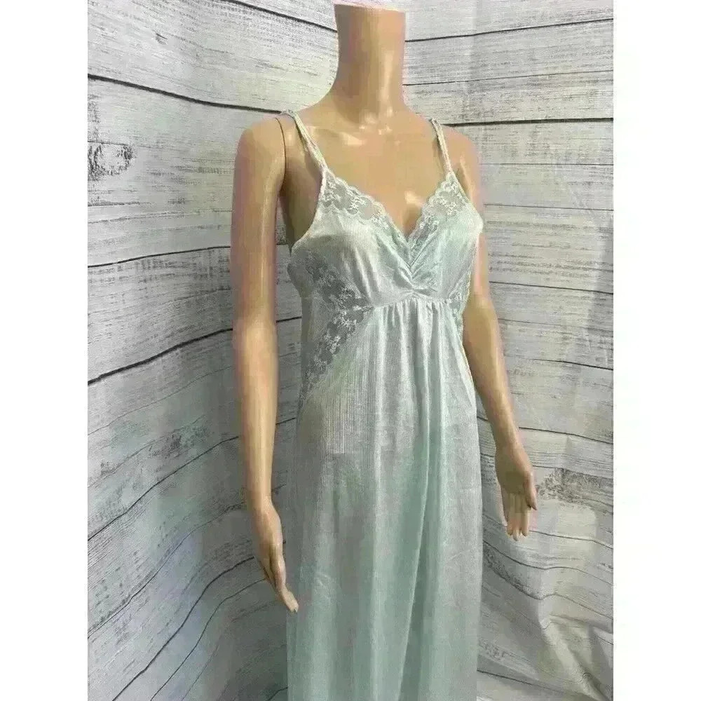 VTG 80s Rene LACE Full SLIP Dress Silky NYLON‎ S Sexy Lace Cutaway Blue Lingerie
